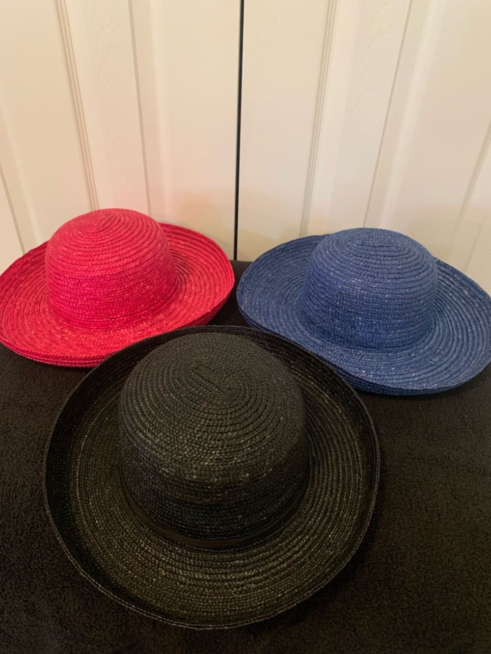 Trio of Straw Sun Hats - Black, Red, Blue